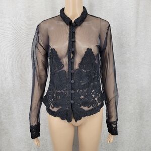 Vintage Sheer Black Soutache Embroidery Button Up Blouse Mobwife Mesh  Illusion